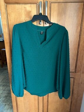 SHEIN Dark Green Textured Split-Neck Long Sleeve Blouse